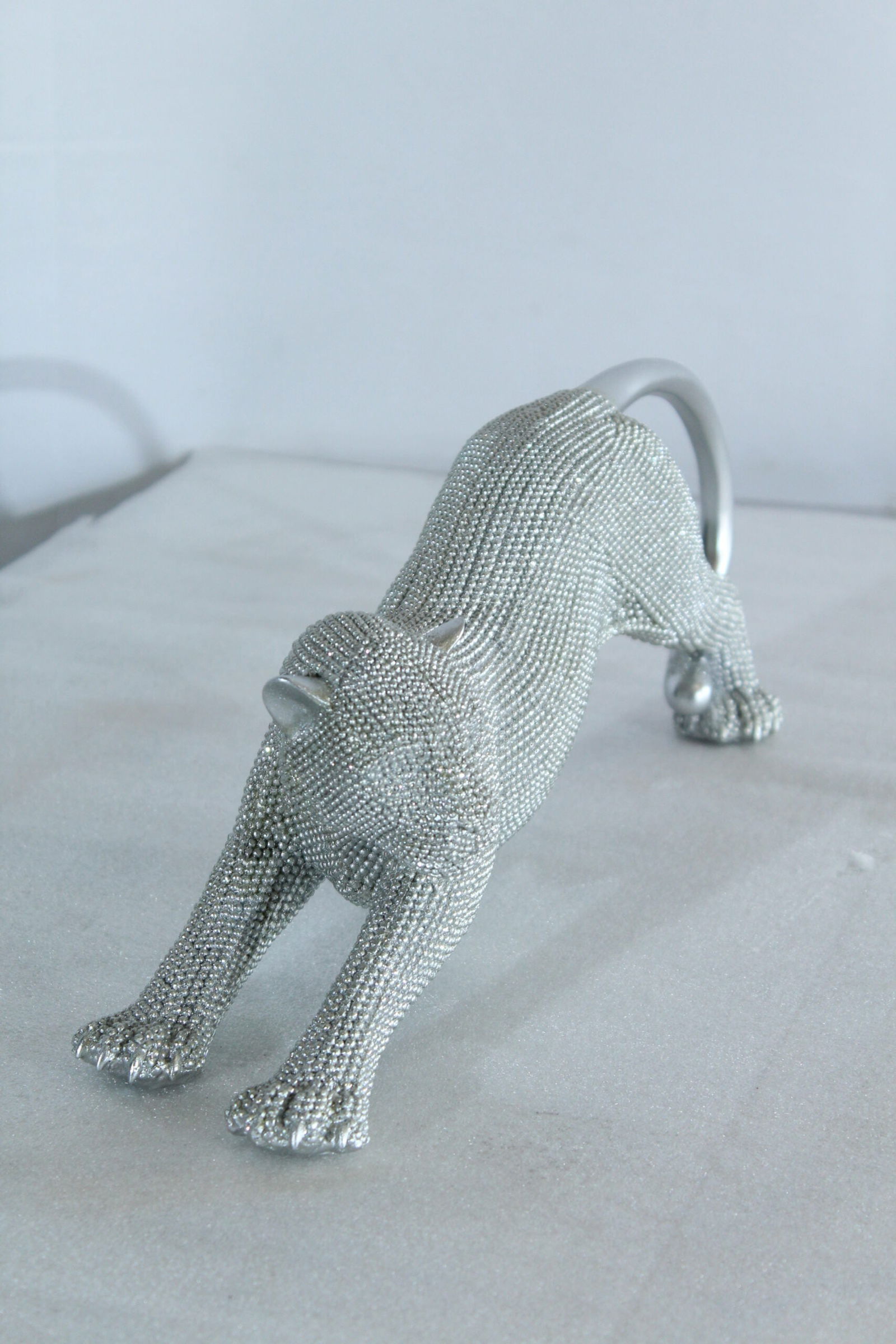 Silver Stretching Panther Resin Statue with Beaded Texture - Modern Animal Décor - 15" x 4" x 6"H - 11