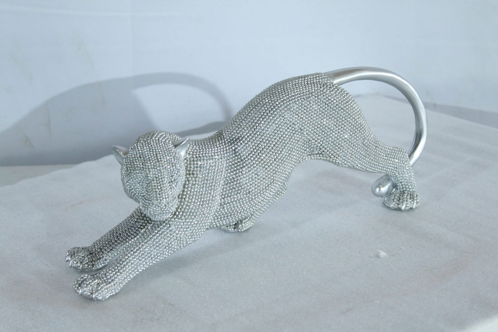 Silver Stretching Panther Resin Statue with Beaded Texture - Modern Animal Décor - 15" x 4" x 6"H - 12