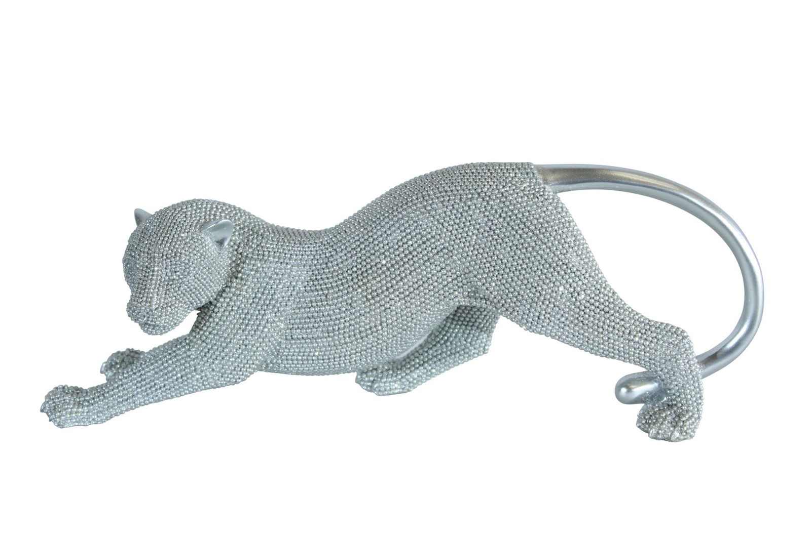 Silver Stretching Panther Resin Statue with Beaded Texture - Modern Animal Décor - 15" x 4" x 6"H: Title:Silver Stretching Panther Resin Statue with Beaded Texture - Modern Animal Décor - 15" x 4" x 6"HDescription:This silver resin panther statue features a playful stretching pose and a textured