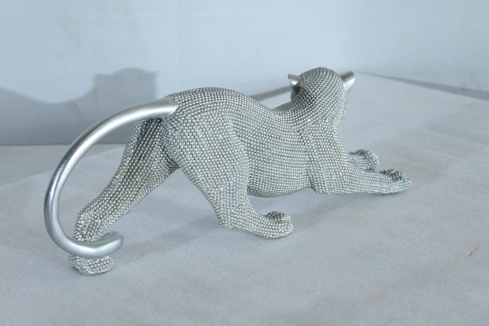 Silver Stretching Panther Resin Statue with Beaded Texture - Modern Animal Décor - 15" x 4" x 6"H - 6