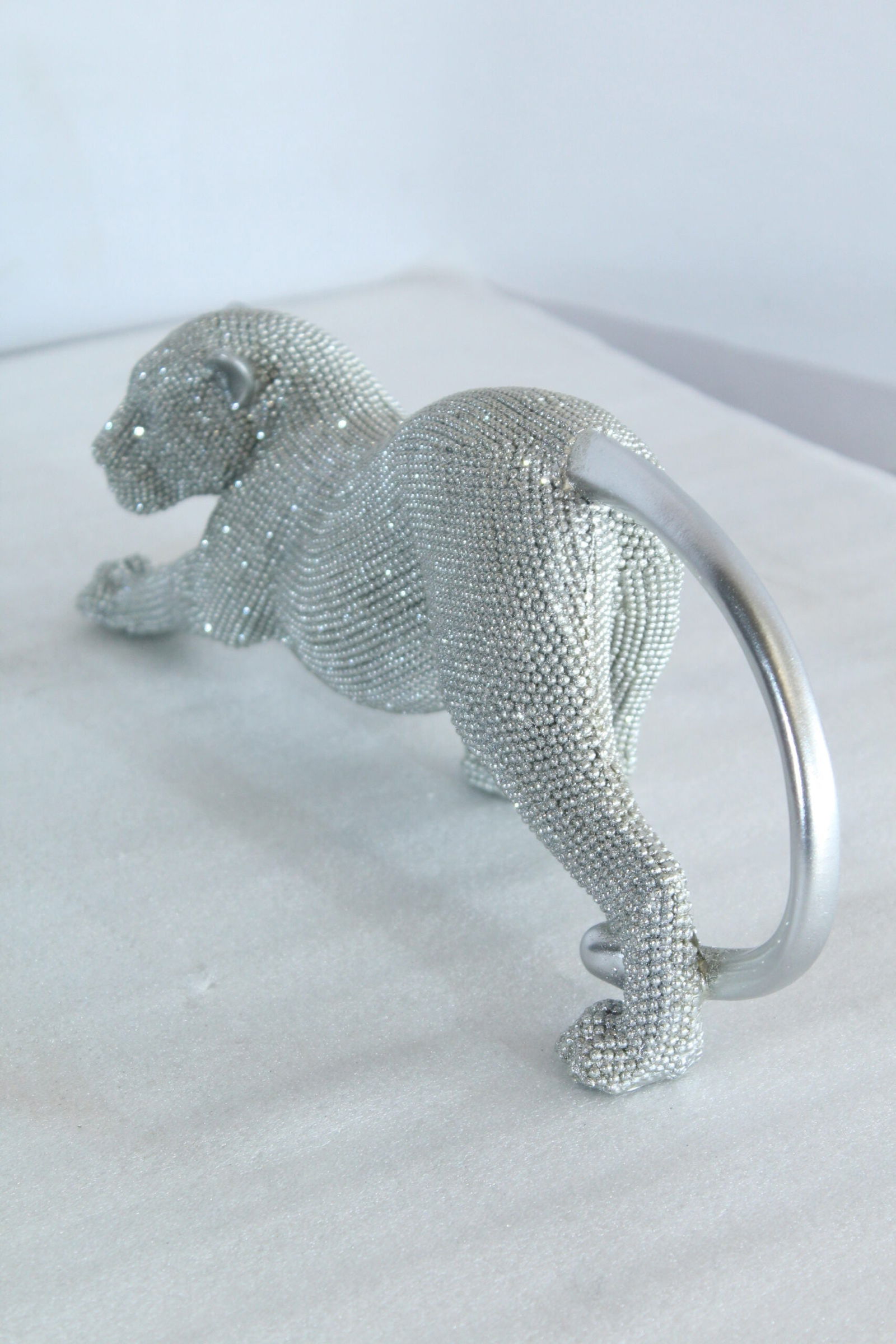 Silver Stretching Panther Resin Statue with Beaded Texture - Modern Animal Décor - 15" x 4" x 6"H - 8
