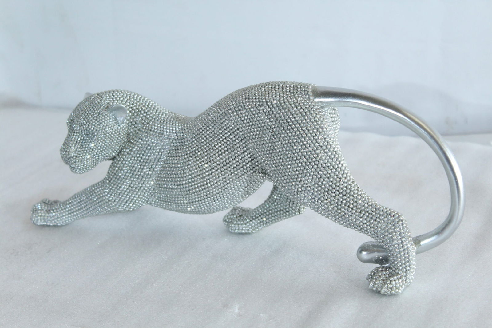 Silver Stretching Panther Resin Statue with Beaded Texture - Modern Animal Décor - 15" x 4" x 6"H - 9
