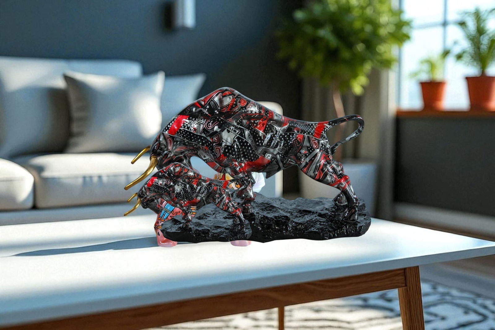 Resin Bull Statue –Abstract Street Art Indoor/Outdoor Sculpture, Red Black & Silver Patterned - 10