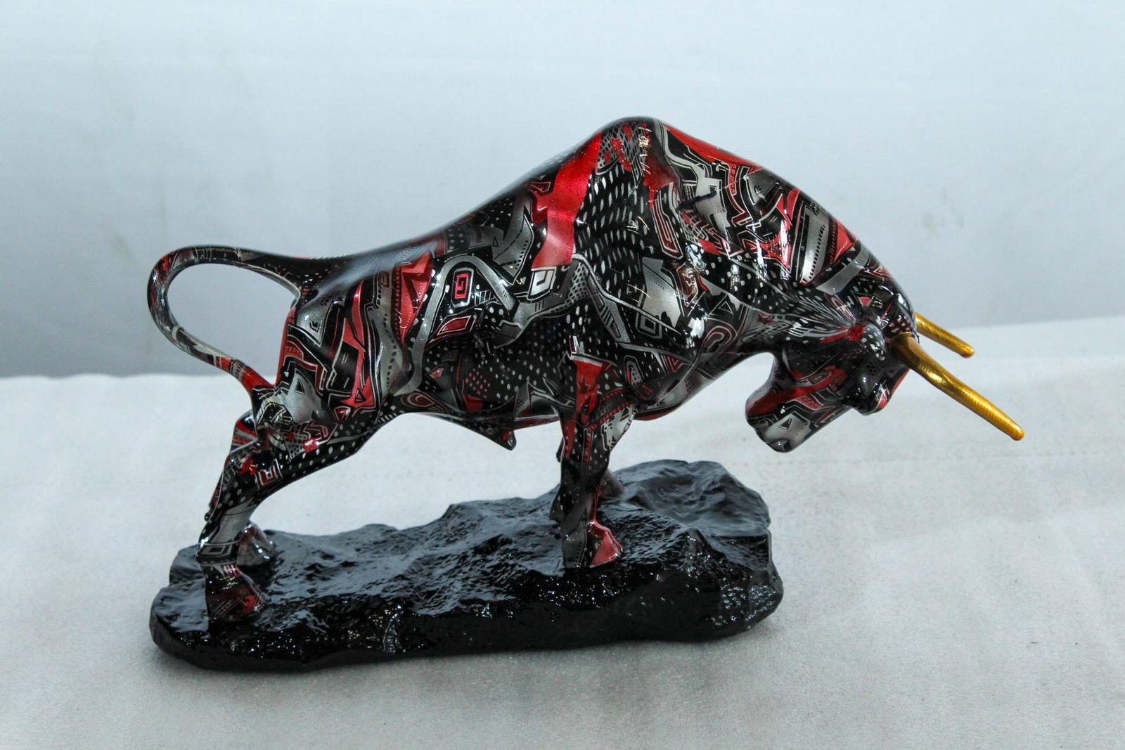 Resin Bull Statue –Abstract Street Art Indoor/Outdoor Sculpture, Red Black & Silver Patterned - 6