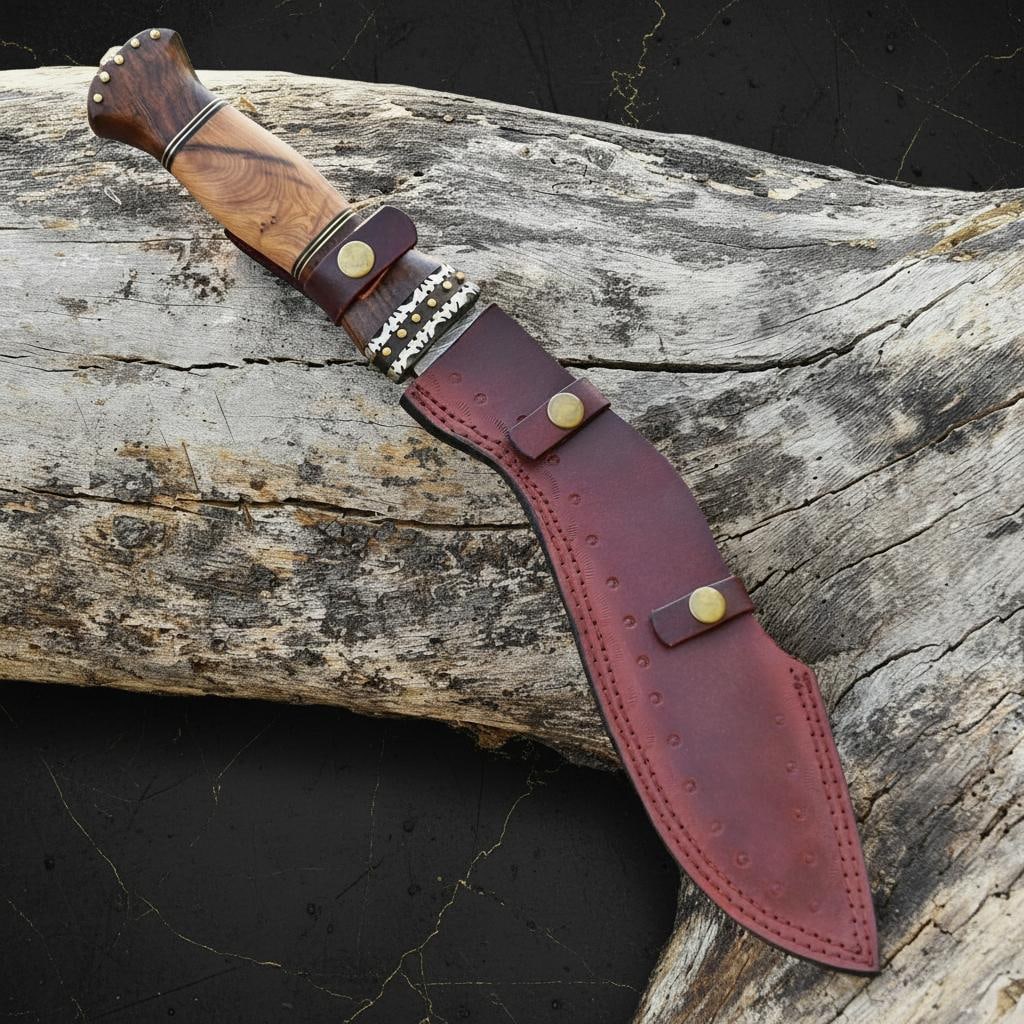 18" Handmade Damascus Steel Kukri Bowie Hunting Knife with Leather Sheath - 16