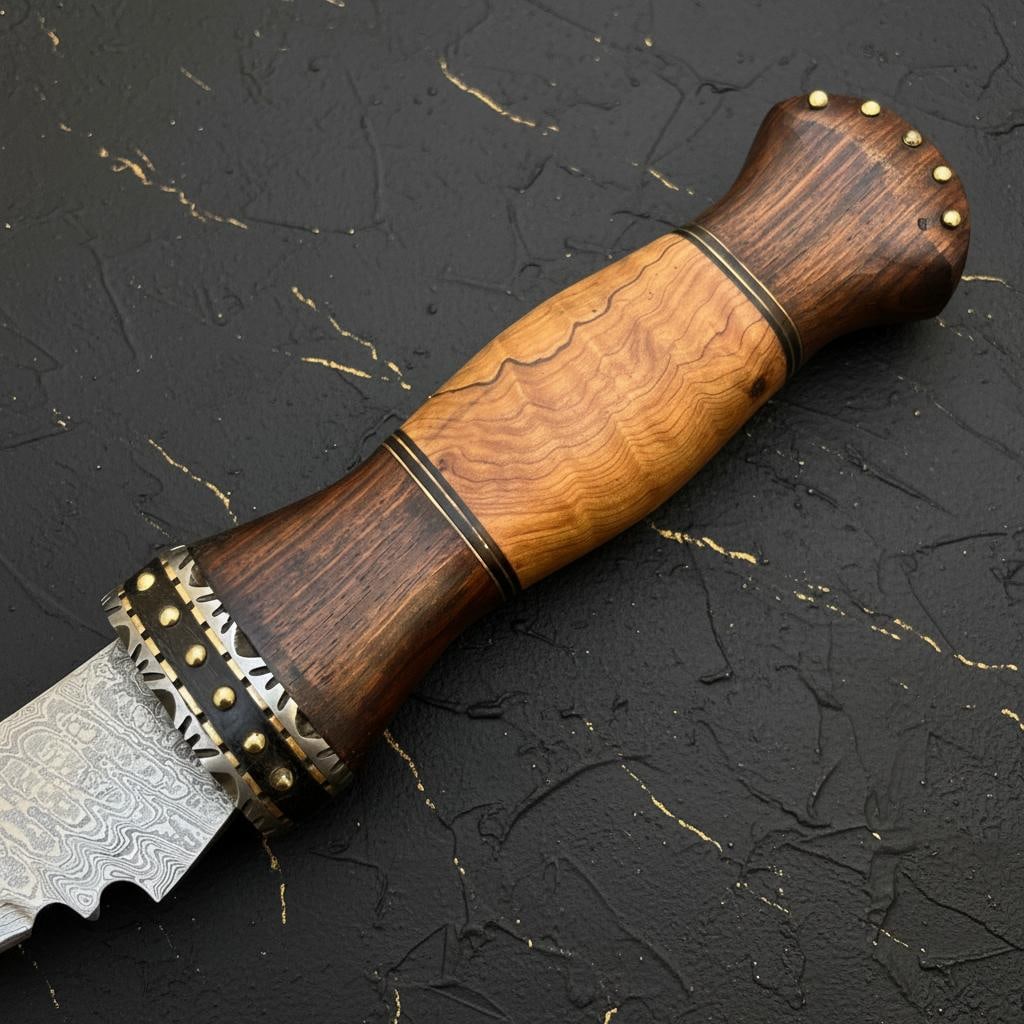 18" Handmade Damascus Steel Kukri Bowie Hunting Knife with Leather Sheath - 3