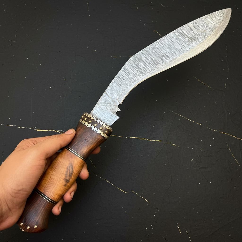 18" Handmade Damascus Steel Kukri Bowie Hunting Knife with Leather Sheath - 5