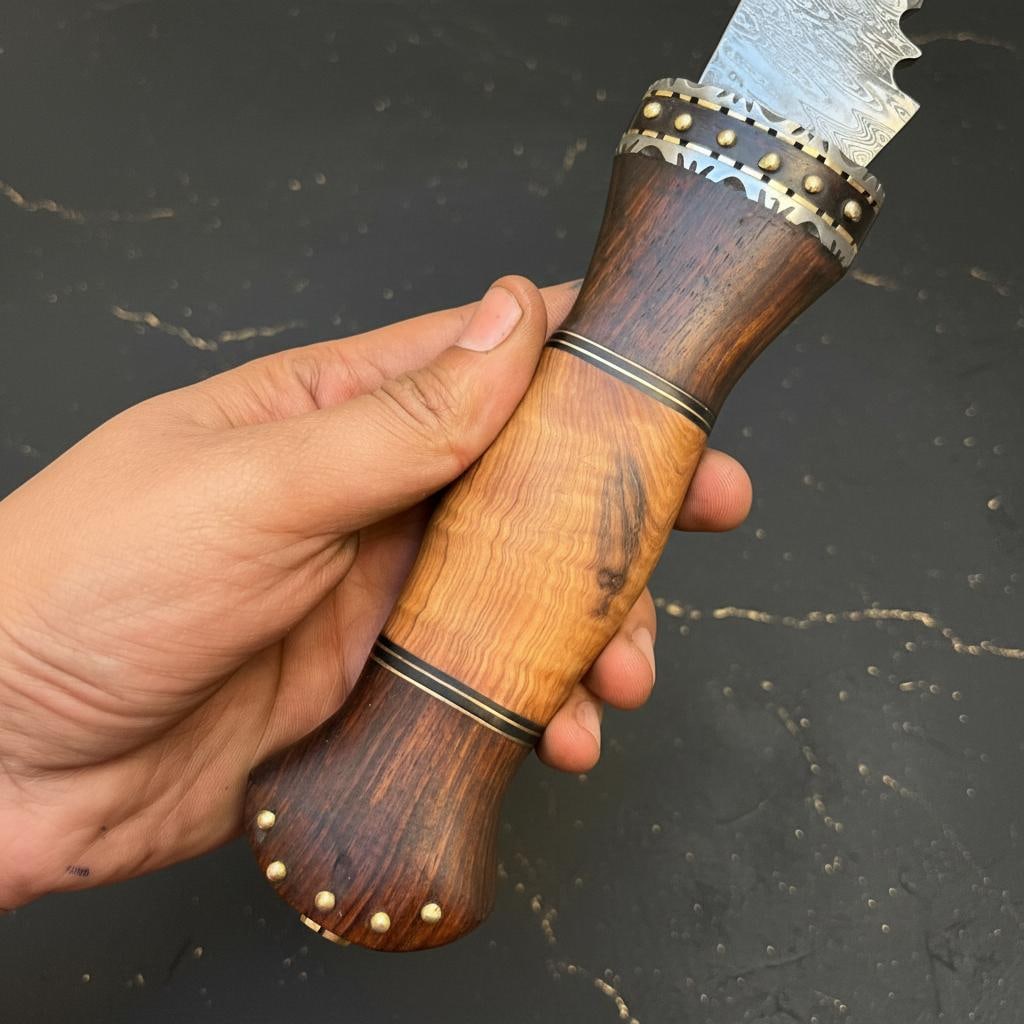 18" Handmade Damascus Steel Kukri Bowie Hunting Knife with Leather Sheath - 7