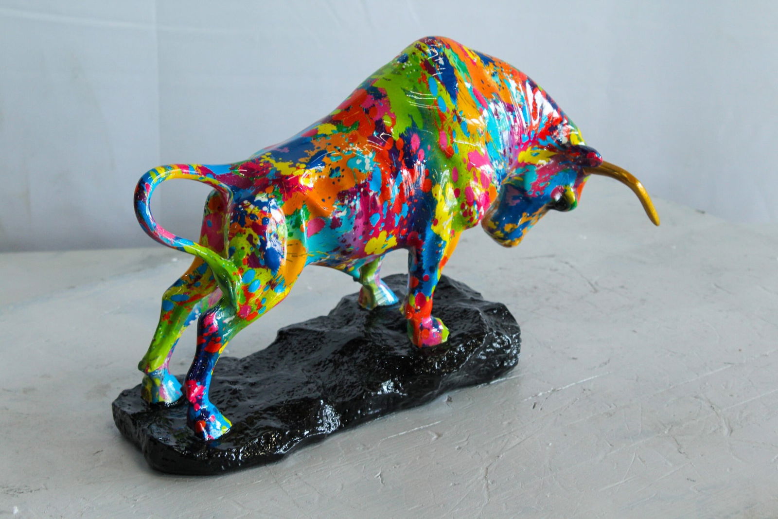 Resin Bull Statue – Colorful Indoor/Outdoor Charging Bull Sculpture, Vibrant Splatter Art Finish - 3