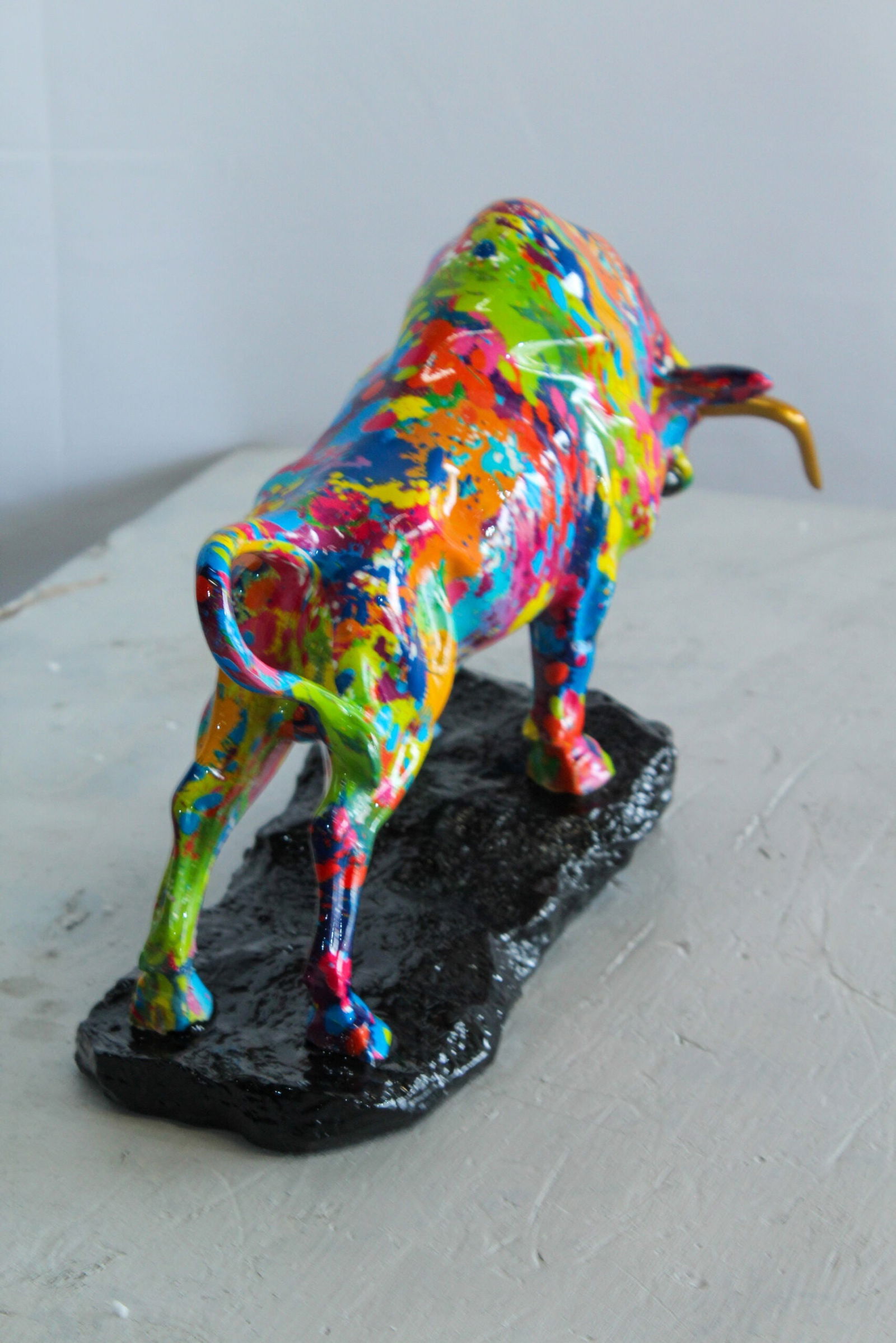 Resin Bull Statue – Colorful Indoor/Outdoor Charging Bull Sculpture, Vibrant Splatter Art Finish - 4