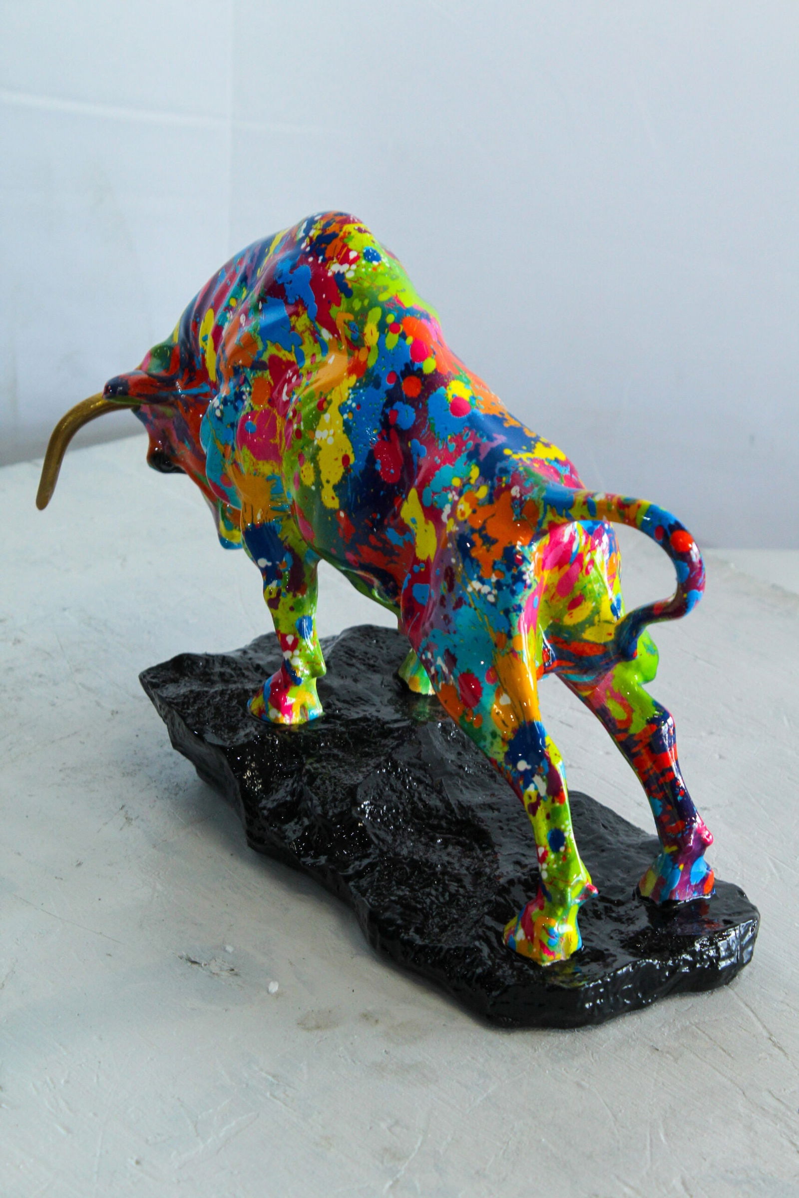 Resin Bull Statue – Colorful Indoor/Outdoor Charging Bull Sculpture, Vibrant Splatter Art Finish - 5