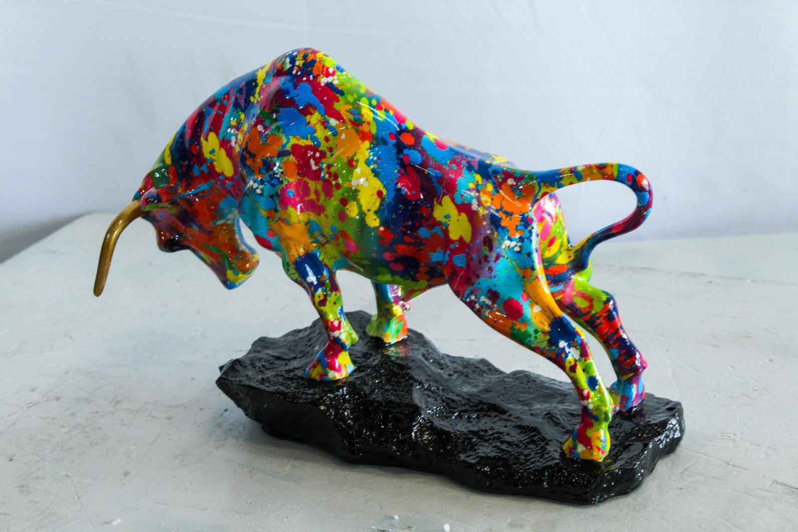 Resin Bull Statue – Colorful Indoor/Outdoor Charging Bull Sculpture, Vibrant Splatter Art Finish - 6