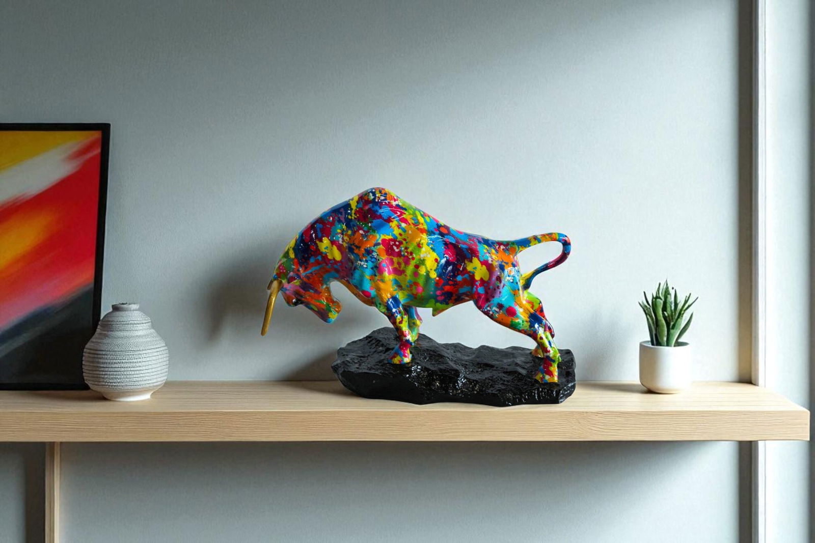 Resin Bull Statue – Colorful Indoor/Outdoor Charging Bull Sculpture, Vibrant Splatter Art Finish - 7