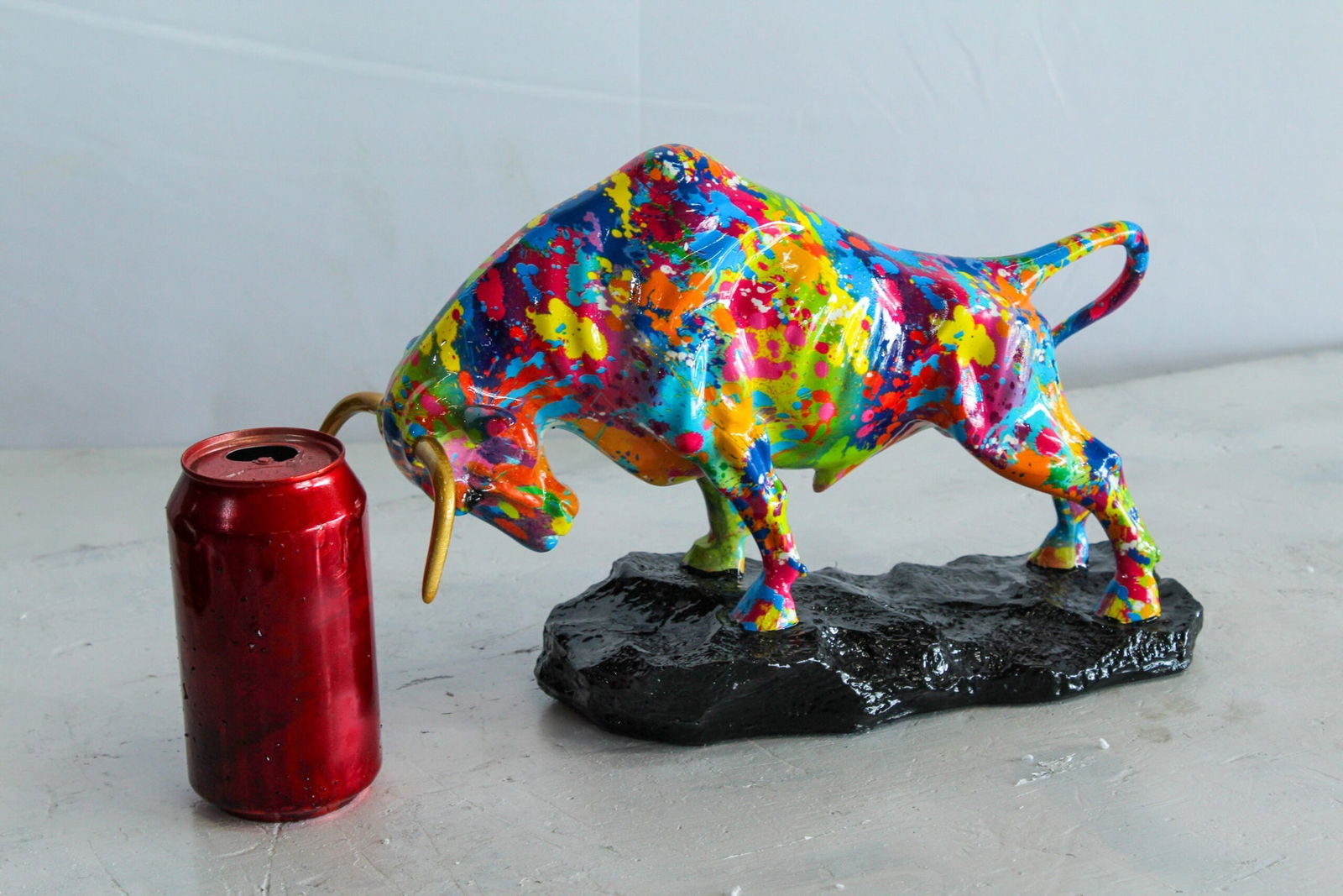 Resin Bull Statue – Colorful Indoor/Outdoor Charging Bull Sculpture, Vibrant Splatter Art Finish - 8
