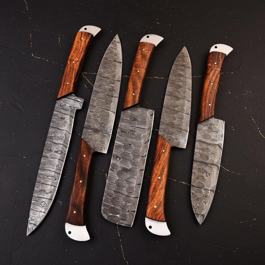Hand Forged 5-Piece Damascus Steel Kitchen Knife Set with Twist Pattern Blades: Title:Hand Forged 5-Piece Damascus Steel Kitchen Knife Set with Twist Pattern BladesDescription:Discover this custom handmade 5-piece chef knife set, expertly crafted for culinary precision. Each