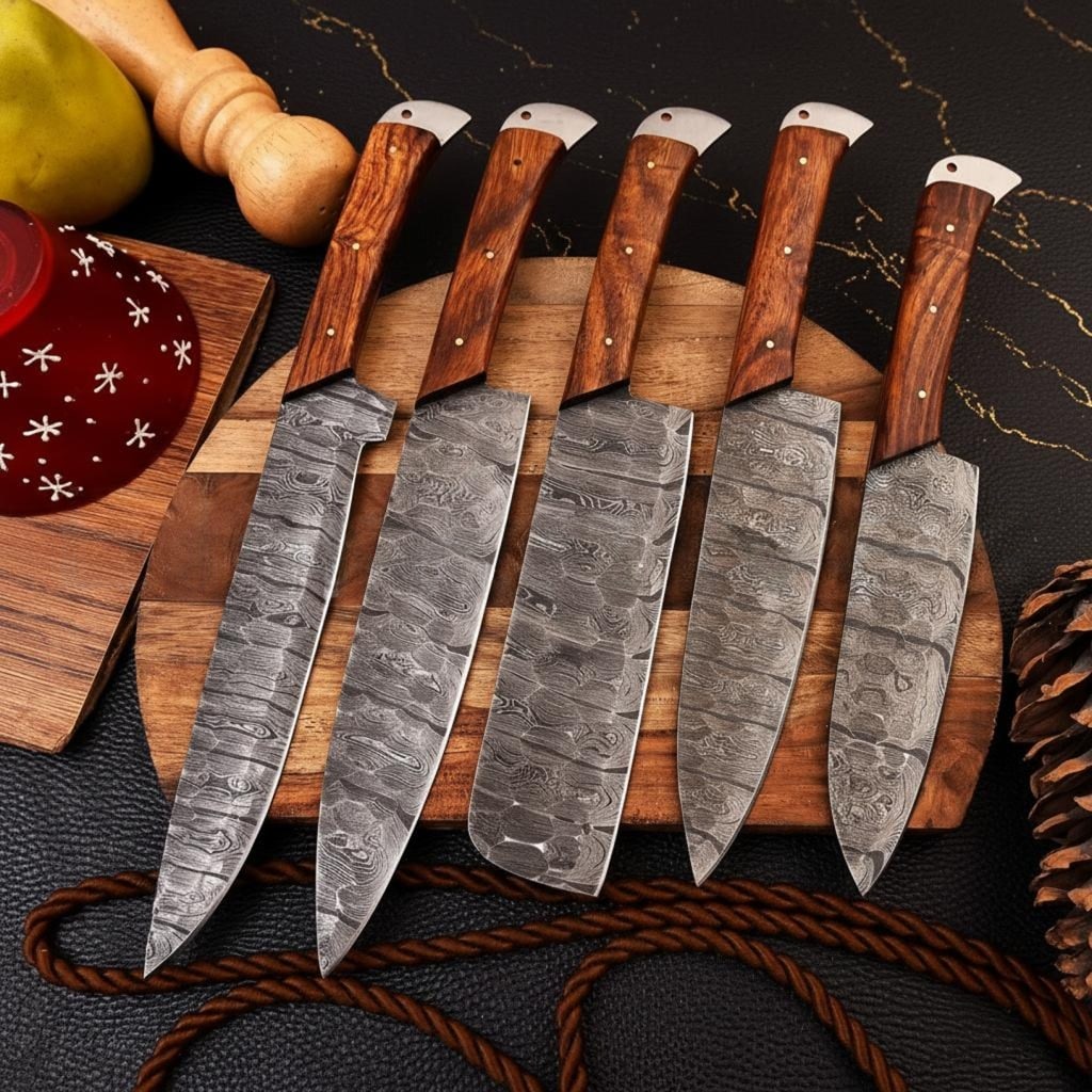 Hand Forged 5-Piece Damascus Steel Kitchen Knife Set with Twist Pattern Blades - 2