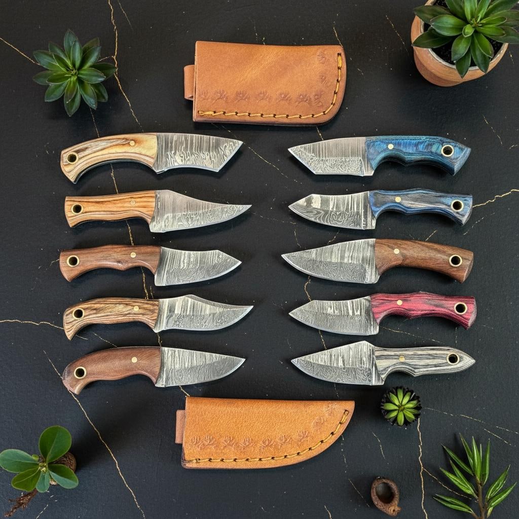 Hand Forged Damascus Steel Skinner Knife Lot, 10pc Set with Pakka Wood Handles: Title:Hand Forged Damascus Steel Skinner Knife Lot, 10pc Set with Pakka Wood Handles Description:This listing is for a set of ten hand forged hunting knives, each featuring a unique Damascus steel bla