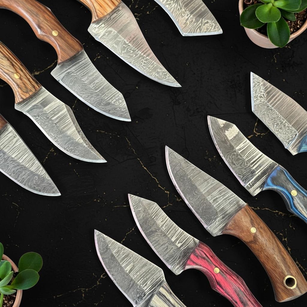Hand Forged Damascus Steel Skinner Knife Lot, 10pc Set with Pakka Wood Handles - 4