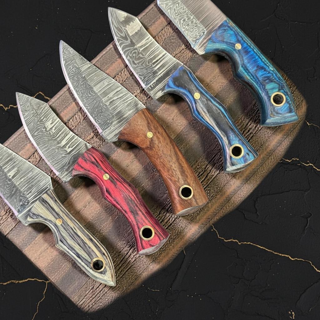 Hand Forged Damascus Steel Skinner Knife Lot, 10pc Set with Pakka Wood Handles - 6