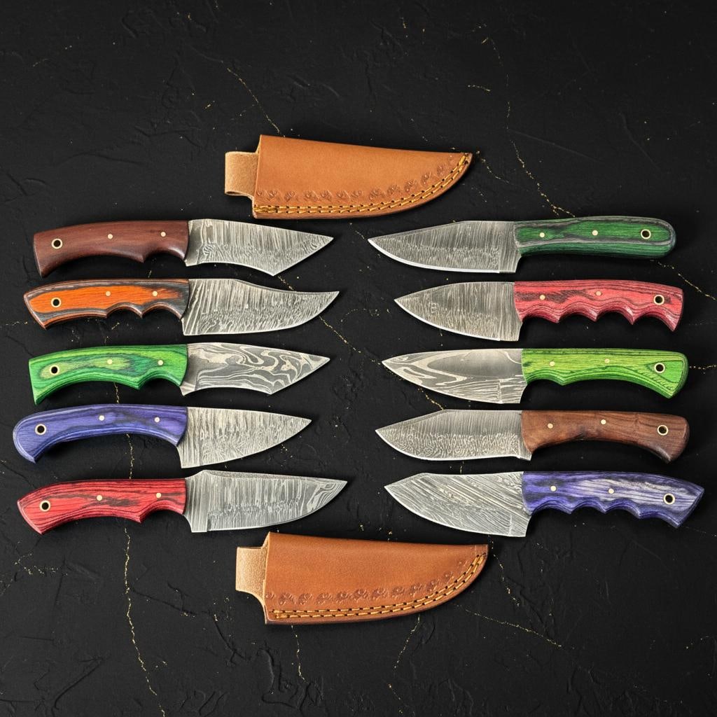 Set of 10 Hunting Knives, Hand Forged Damascus Steel, Skinner Blade, Pakka Wood Handle: Title:Set of 10 Hunting Knives, Hand Forged Damascus Steel, Skinner Blade, Pakka Wood HandleDescription:This listing is for a bulk set of ten hand-forged hunting knives, each featuring a unique and