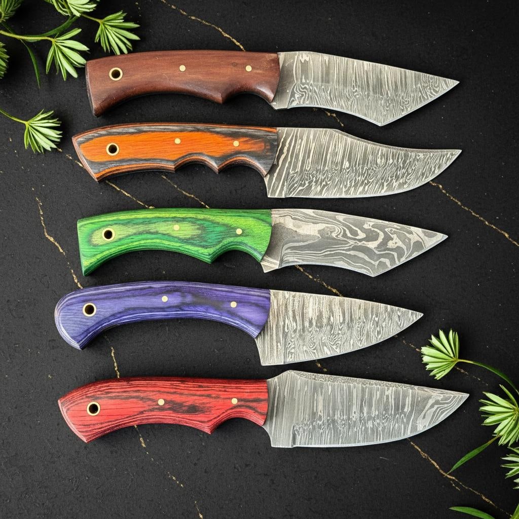 Set of 10 Hunting Knives, Hand Forged Damascus Steel, Skinner Blade, Pakka Wood Handle - 2