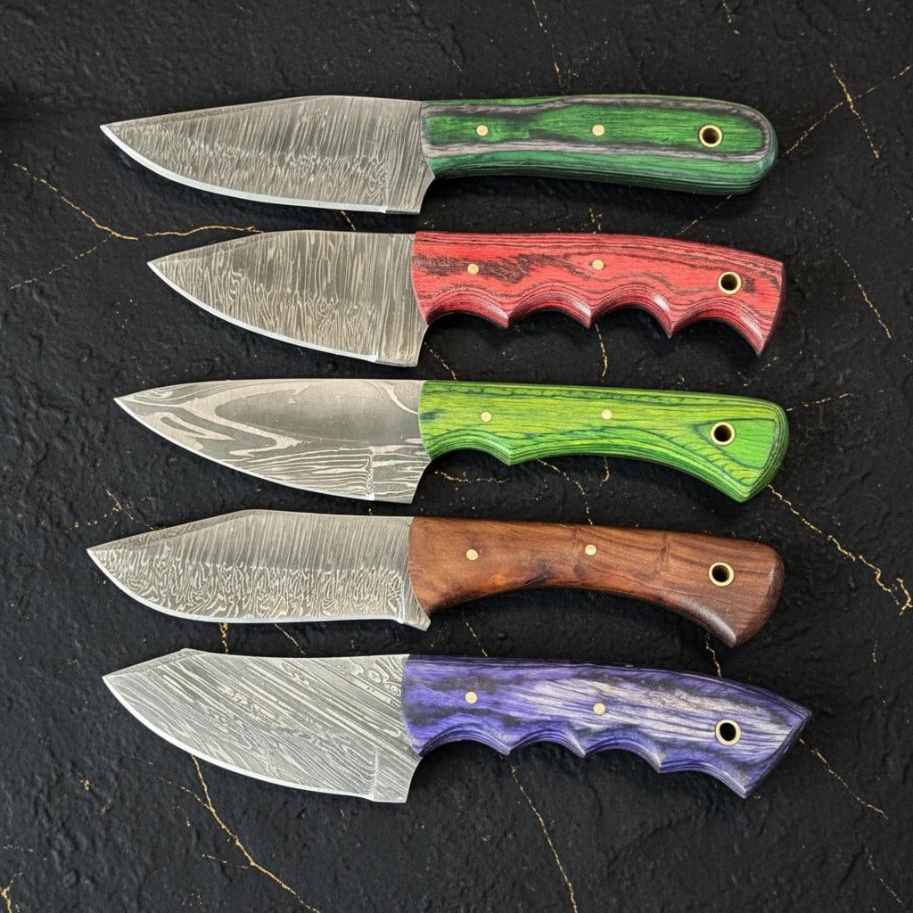 Set of 10 Hunting Knives, Hand Forged Damascus Steel, Skinner Blade, Pakka Wood Handle - 3