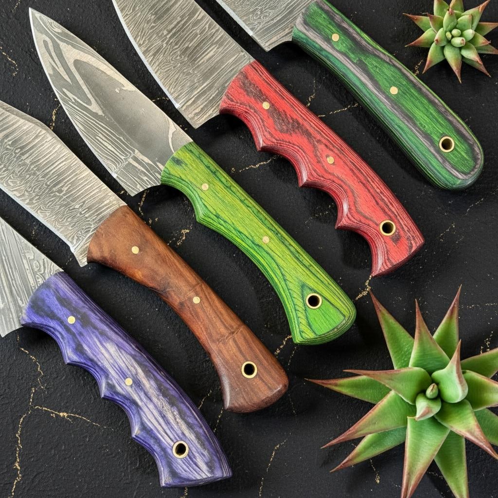Set of 10 Hunting Knives, Hand Forged Damascus Steel, Skinner Blade, Pakka Wood Handle - 6