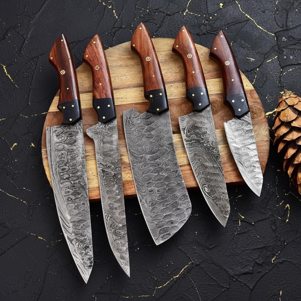 Hand Forged 5-Piece Damascus Steel Chef Knife Set with High Carbon Blades & Leather Bag: Title:Hand Forged 5-Piece Damascus Steel Chef Knife Set with High Carbon Blades & Leather BagDescription:This listing is for a custom, hand-forged 5-piece chef knife set. Each knife features a