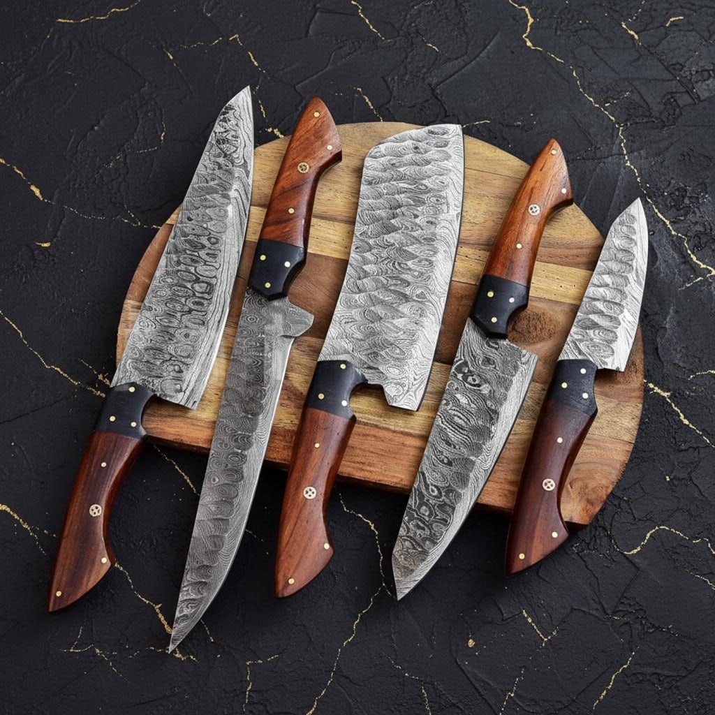Hand Forged 5-Piece Damascus Steel Chef Knife Set with High Carbon Blades & Leather Bag - 2