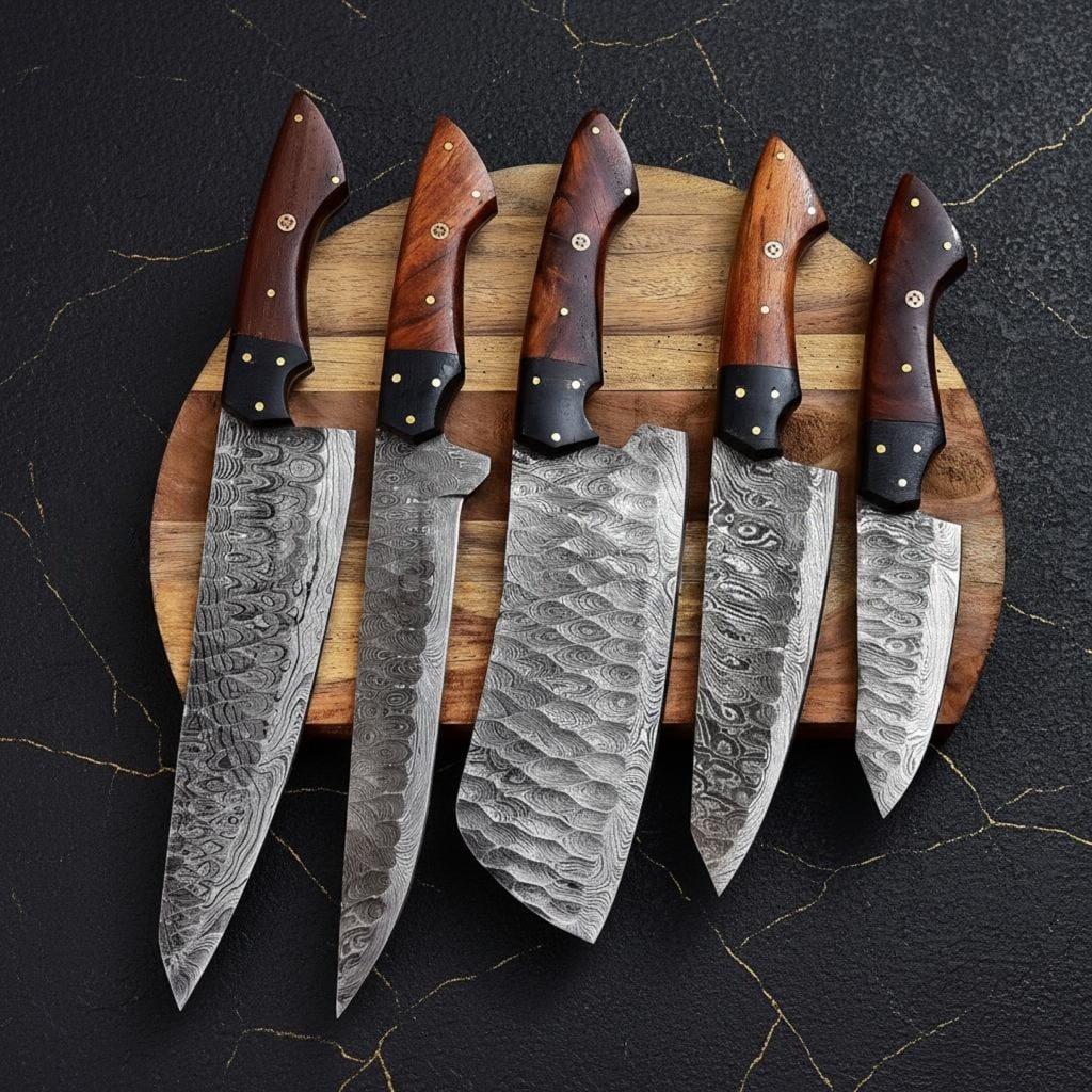 Hand Forged 5-Piece Damascus Steel Chef Knife Set with High Carbon Blades & Leather Bag - 3