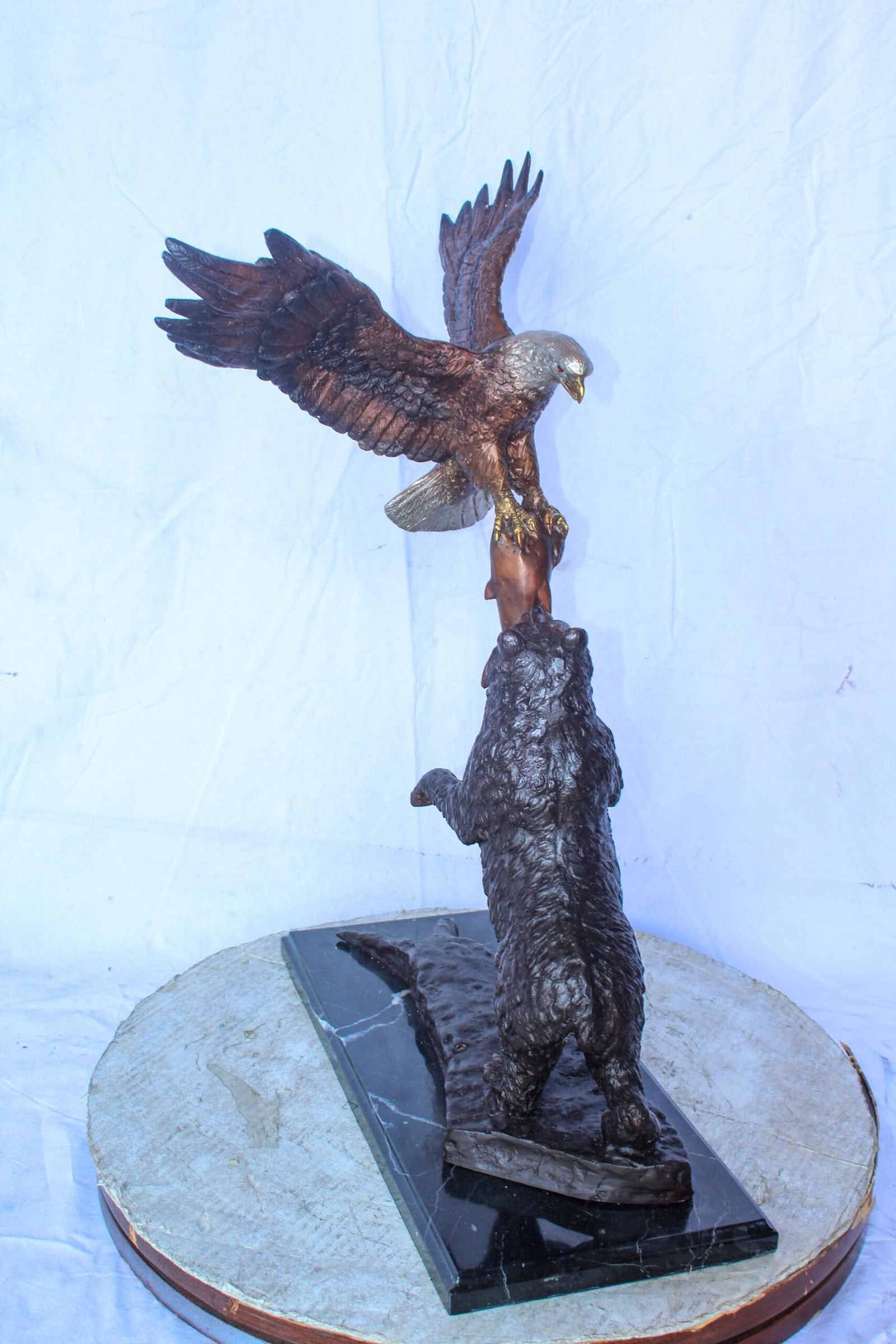 Bronze Statue of an Eagle and Bear Fighting for Fish Prey 24" x 9" x 28"H - 10