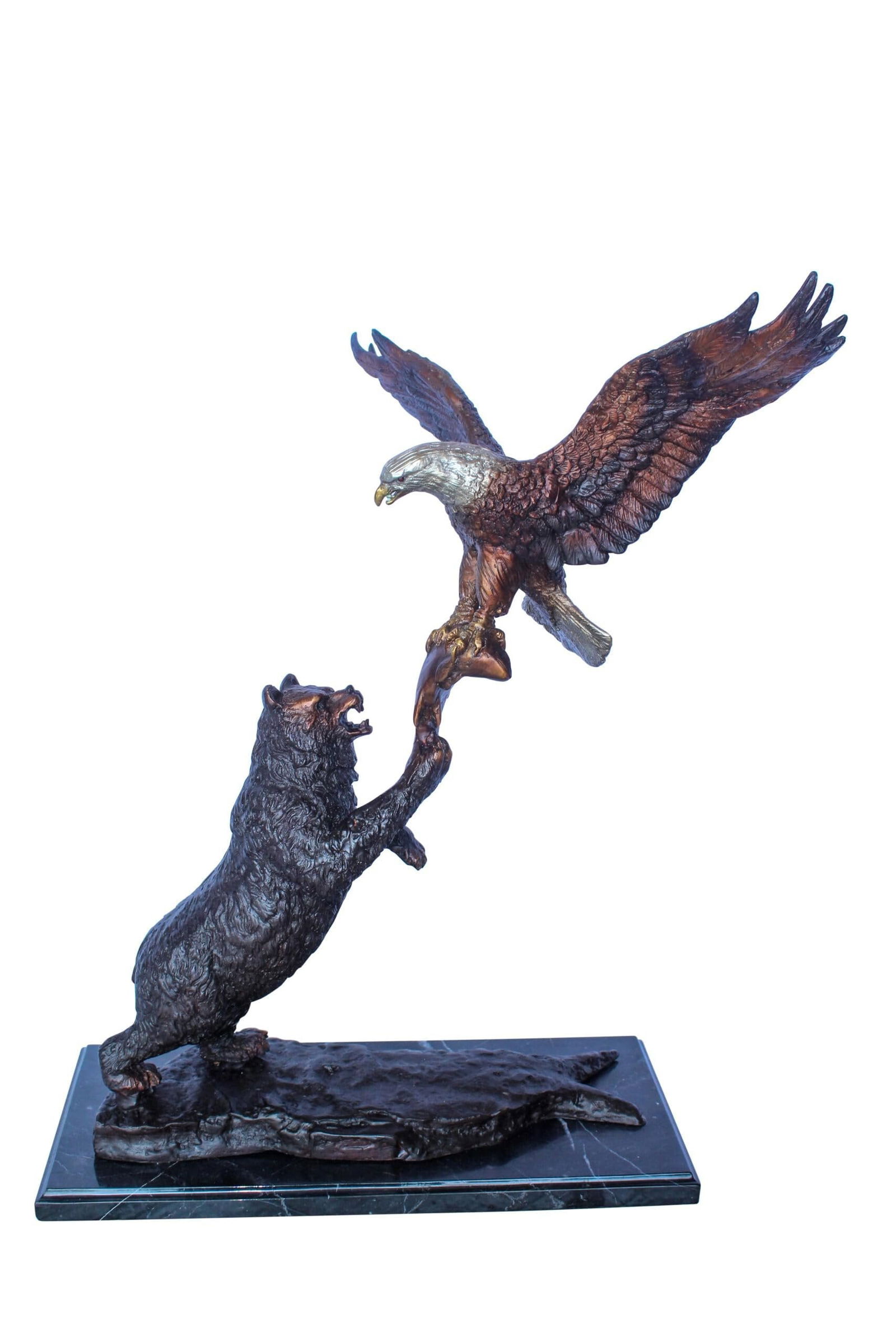Bronze Statue of an Eagle and Bear Fighting for Fish Prey 24" x 9" x 28"H: Title:Bronze Statue of an Eagle and Bear Fighting for Fish Prey 24" x 9" x 28"HDescription:Bronze statue of an eagle and bear fighting for fish prey, handcrafted and casted using traditional lost wax