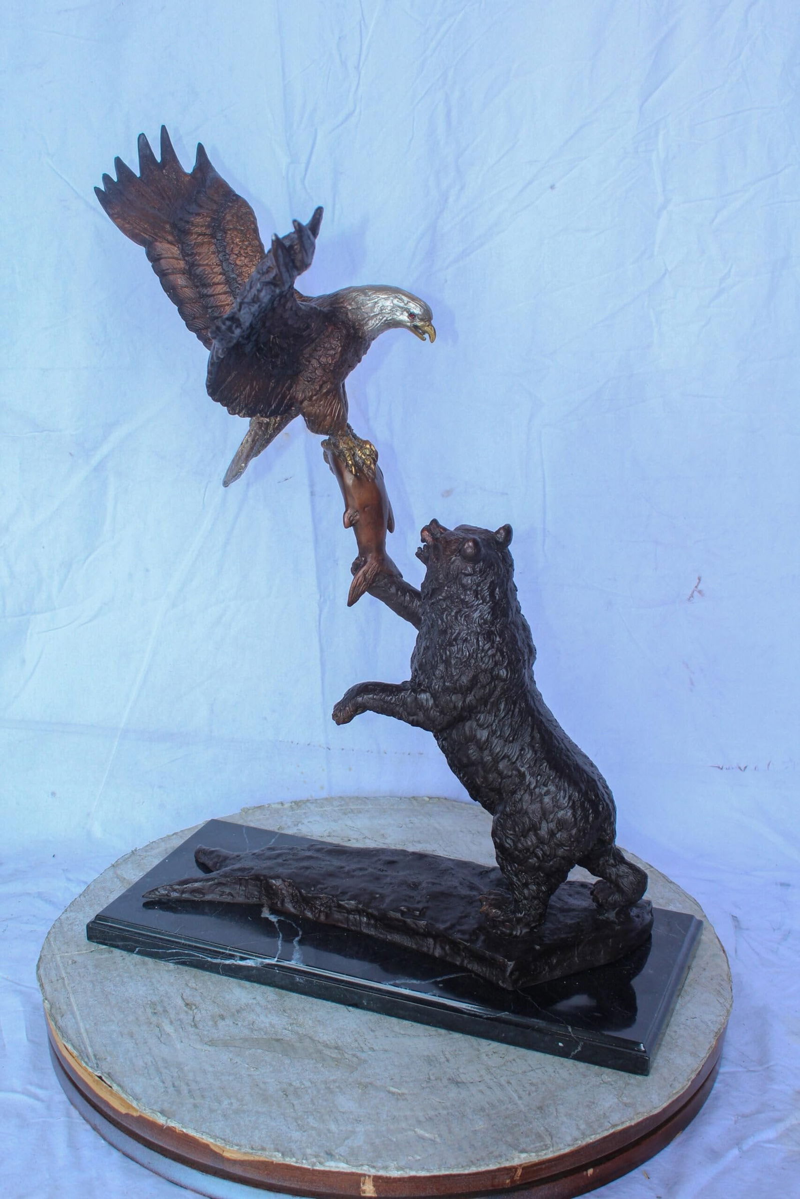 Bronze Statue of an Eagle and Bear Fighting for Fish Prey 24" x 9" x 28"H - 9