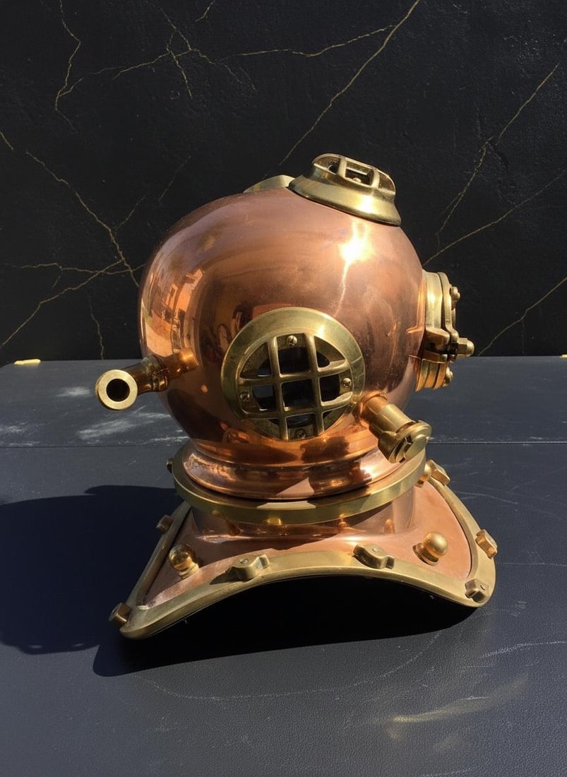 Vintage Copper and Brass Diving Helmet, 10 Inch Nautical Statue Decor Piece - 6