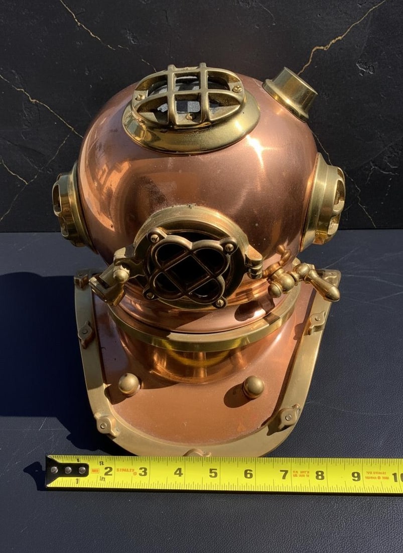 Vintage Copper and Brass Diving Helmet, 10 Inch Nautical Statue Decor Piece - 7