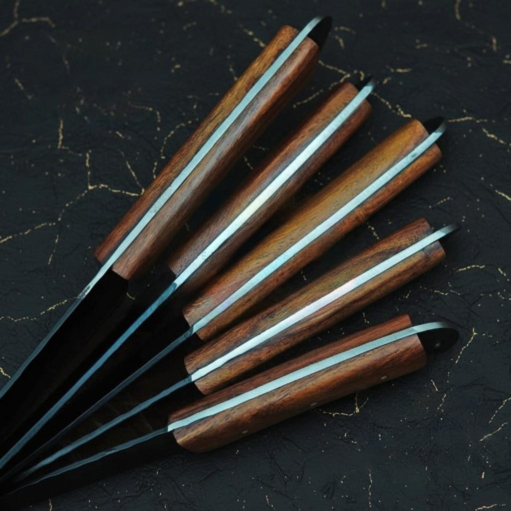 Hand Forged 5pc Chef Knife Set Black Coated Carbon Steel with Wood Mosaic Handles - 3