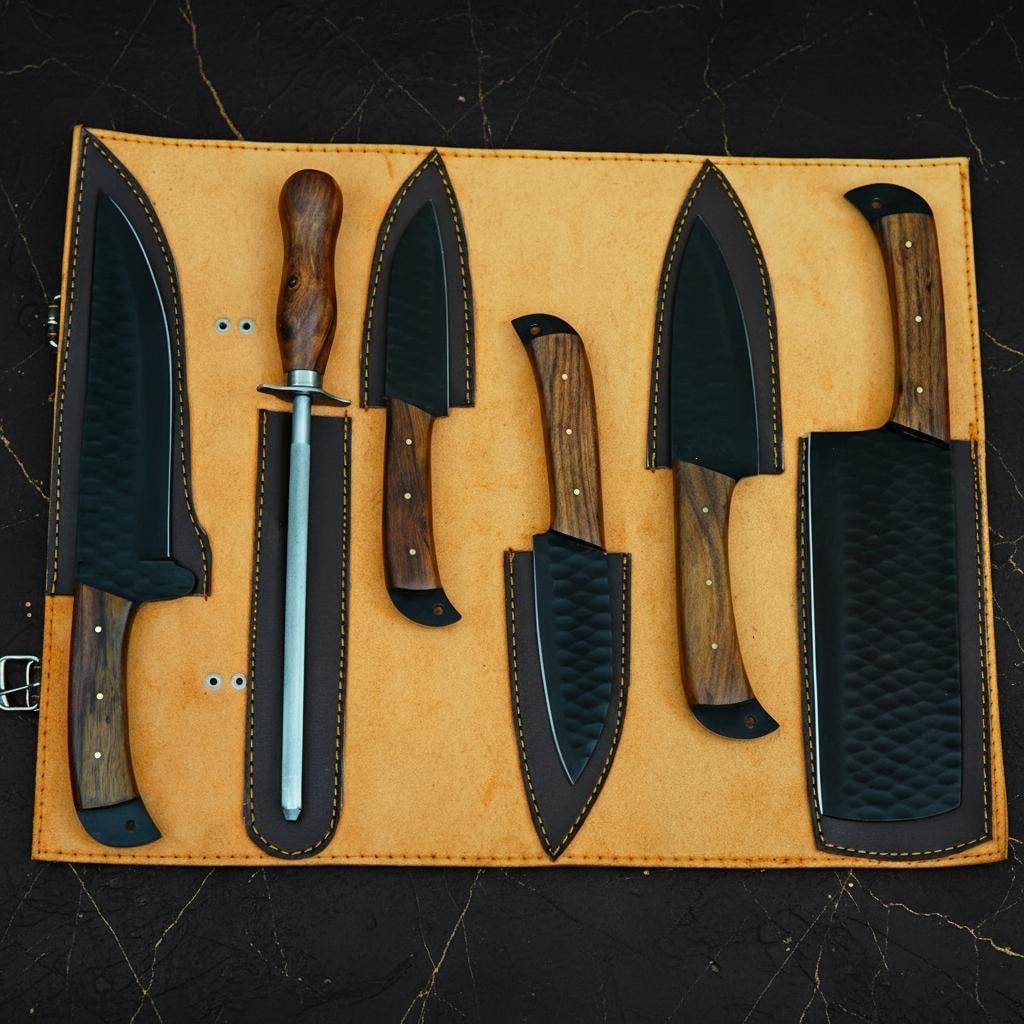 Hand Forged 5pc Chef Knife Set Black Coated Carbon Steel with Wood Mosaic Handles - 4