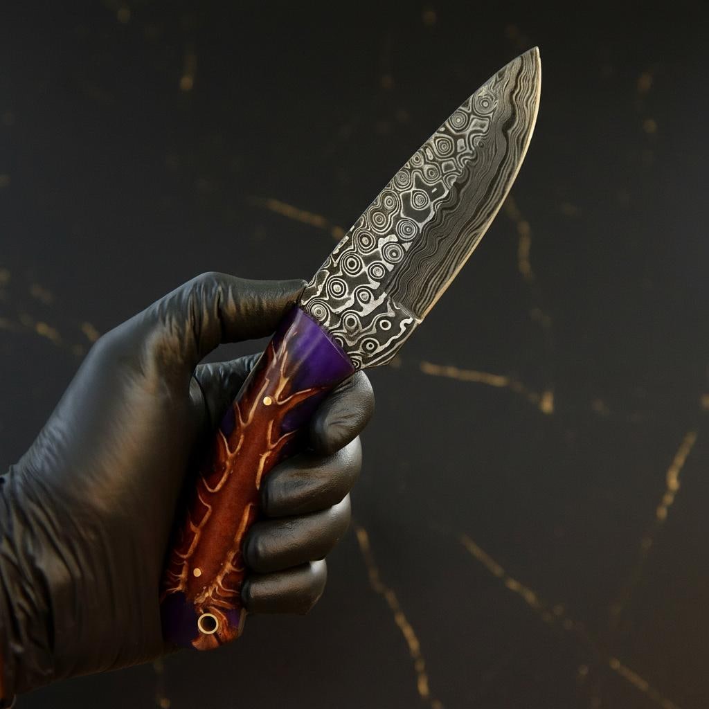 Rain Pattern Damascus Steel Skinner Knife, 8.5 inch Handmade Fixed Blade for Hunting - 3