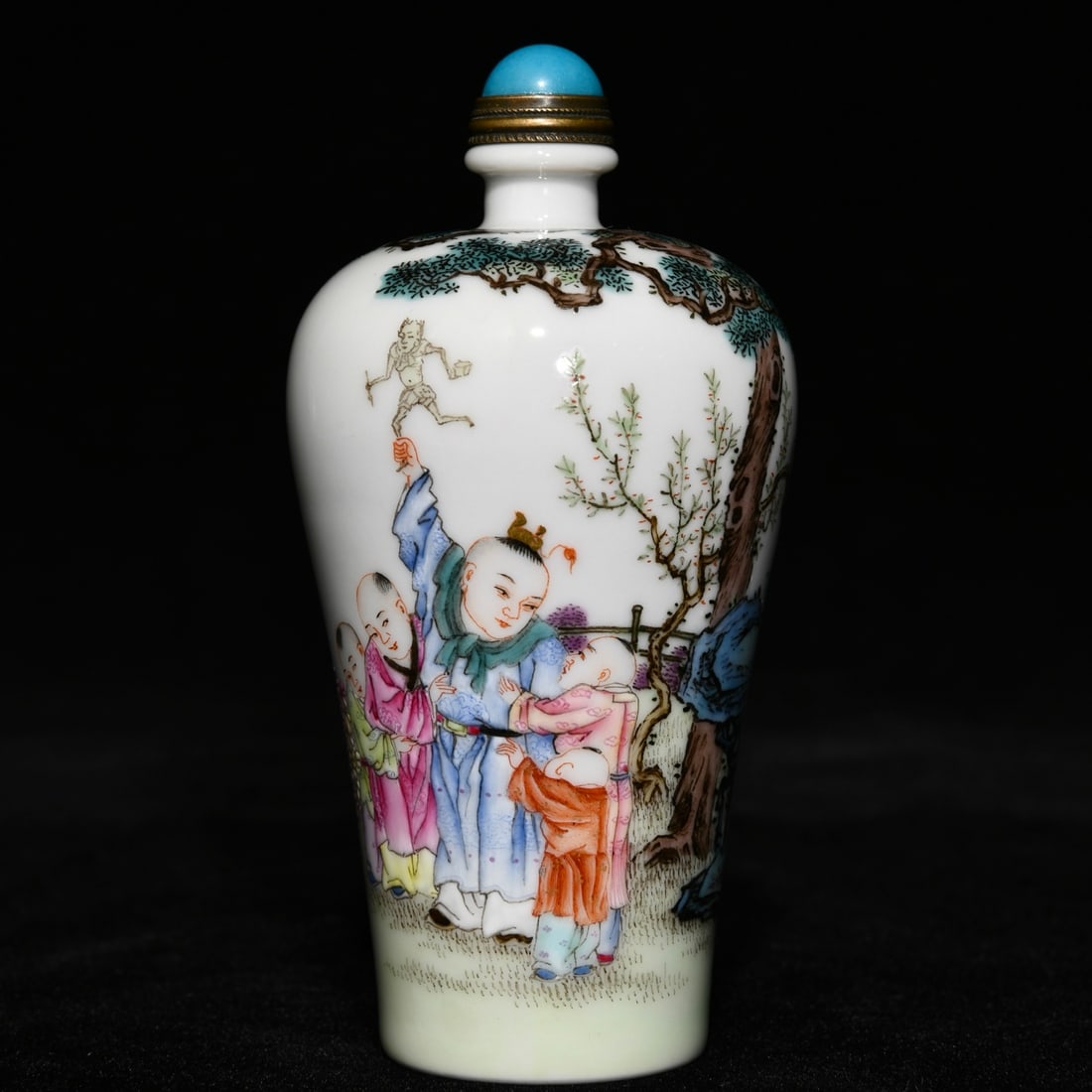 Porcelain Snuff Bottle Gilt Edge Famille Rose w Children at Play & QianLong Mark (1 of 9)