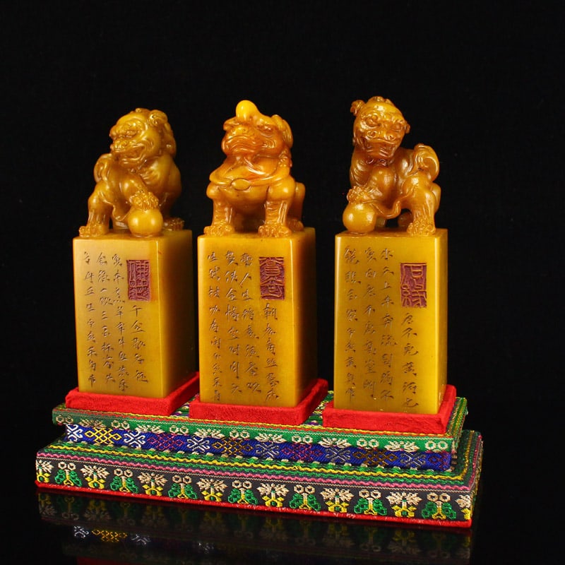A Set Tianhuang Shoushan Soapstone Hand-Carved Seal/Stamp Fortune Lion - 4