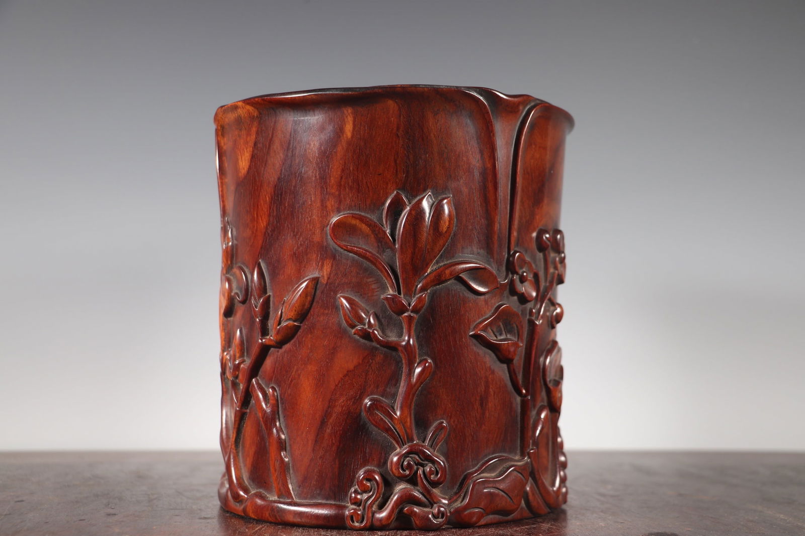 Huanghua Li Wood Hand-Carved Flower Brush Pot (1 of 9)
