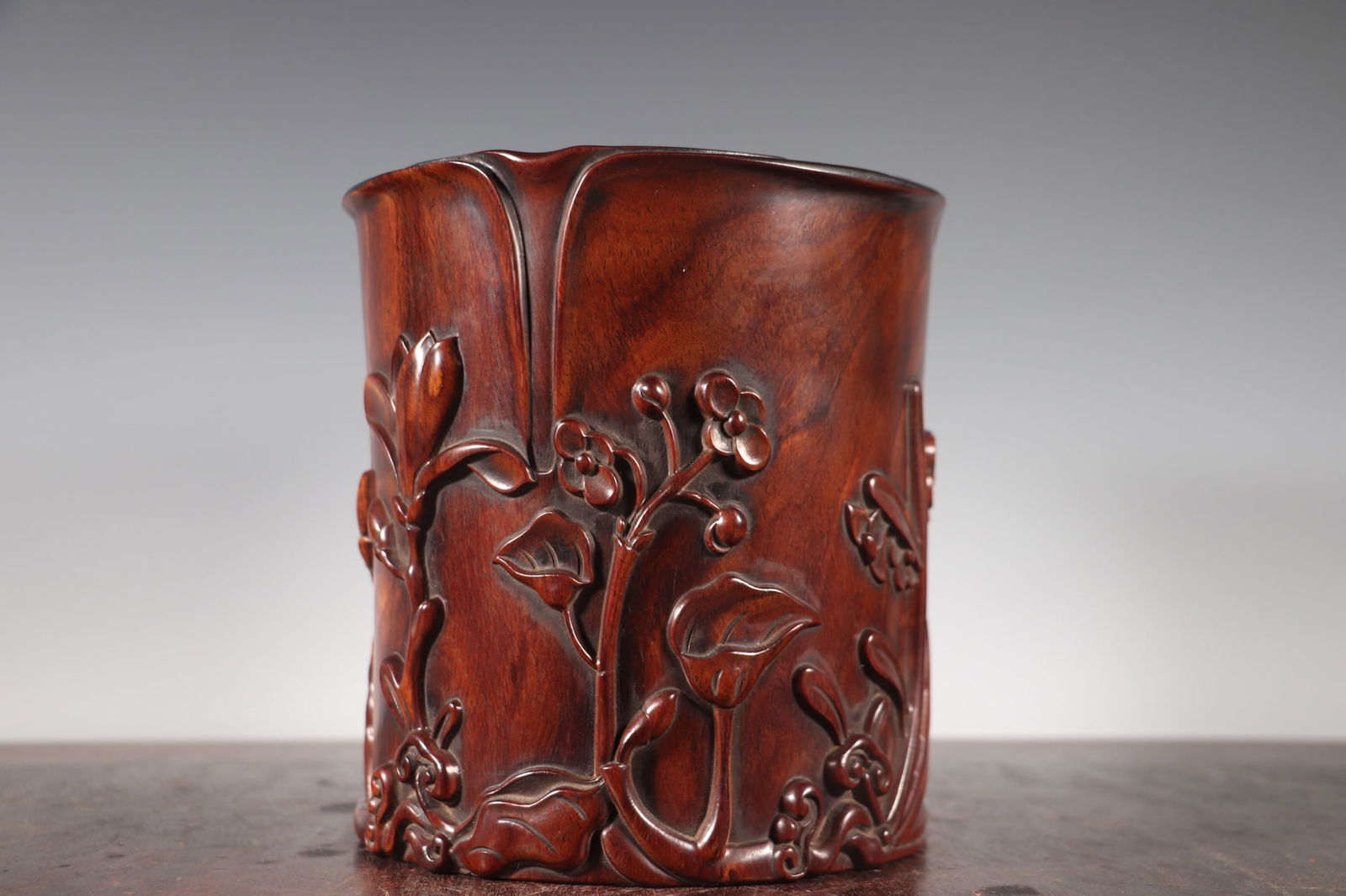 Huanghua Li Wood Hand-Carved Flower Brush Pot - 2