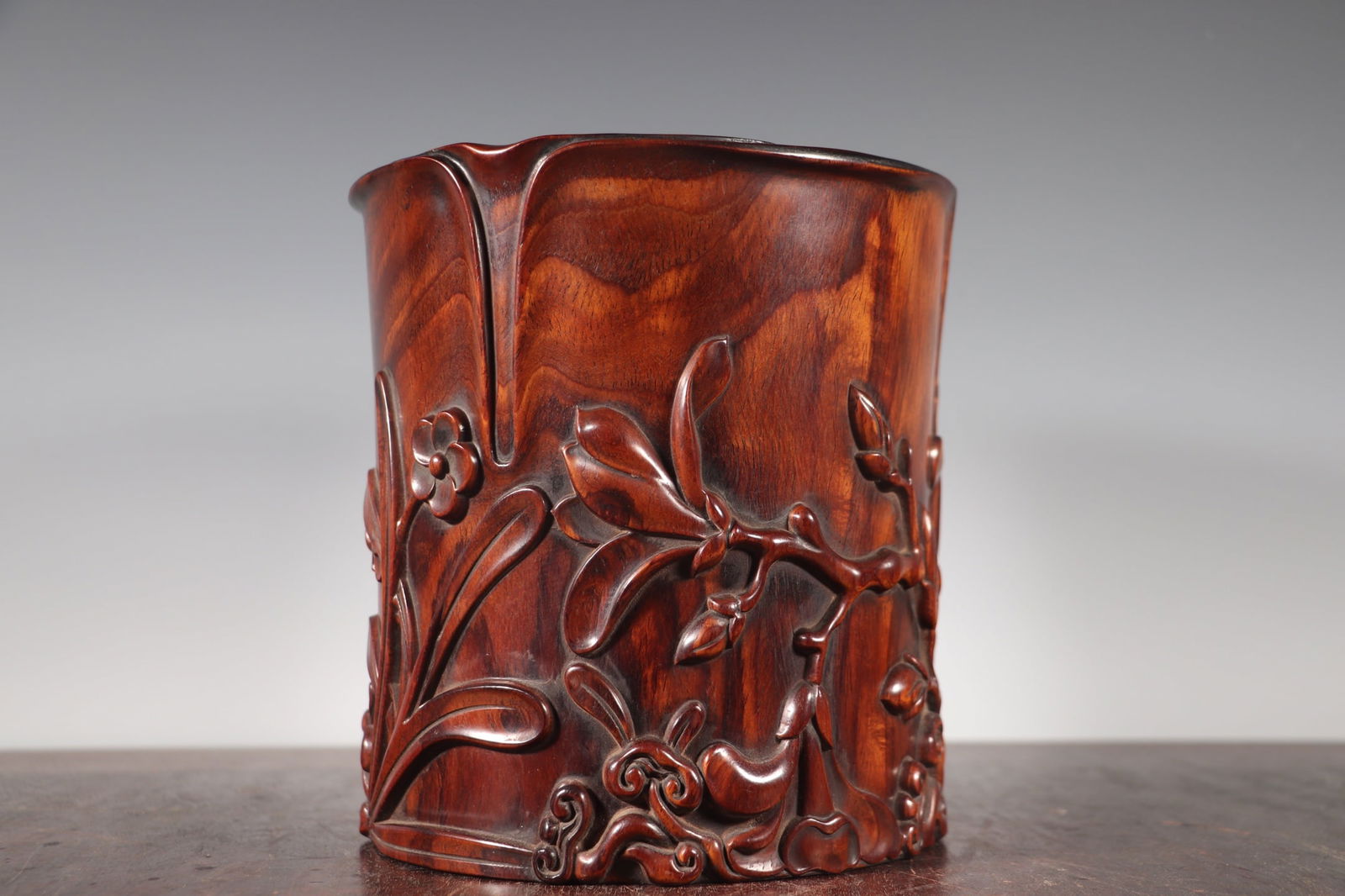 Huanghua Li Wood Hand-Carved Flower Brush Pot - 5