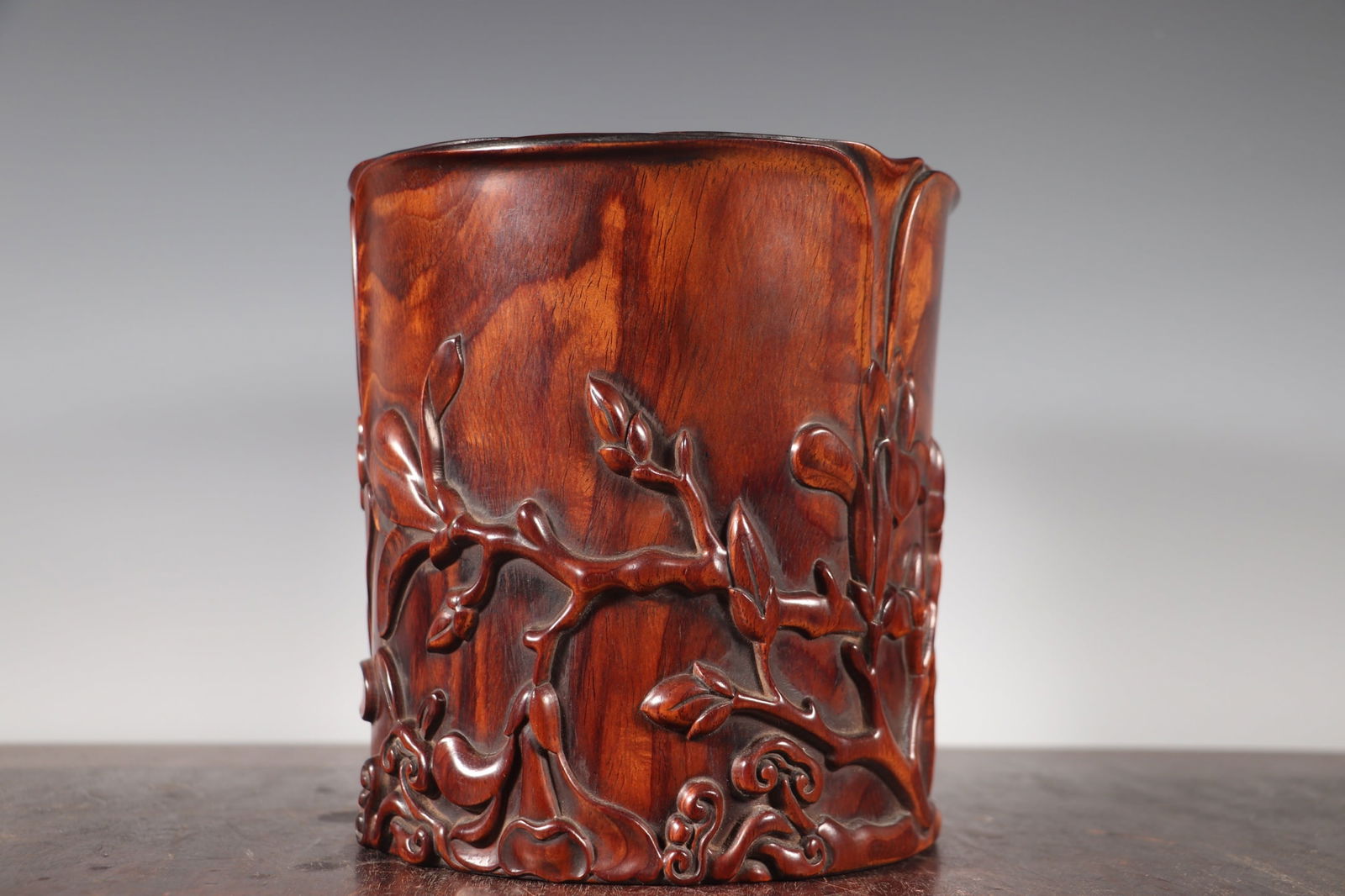 Huanghua Li Wood Hand-Carved Flower Brush Pot - 6
