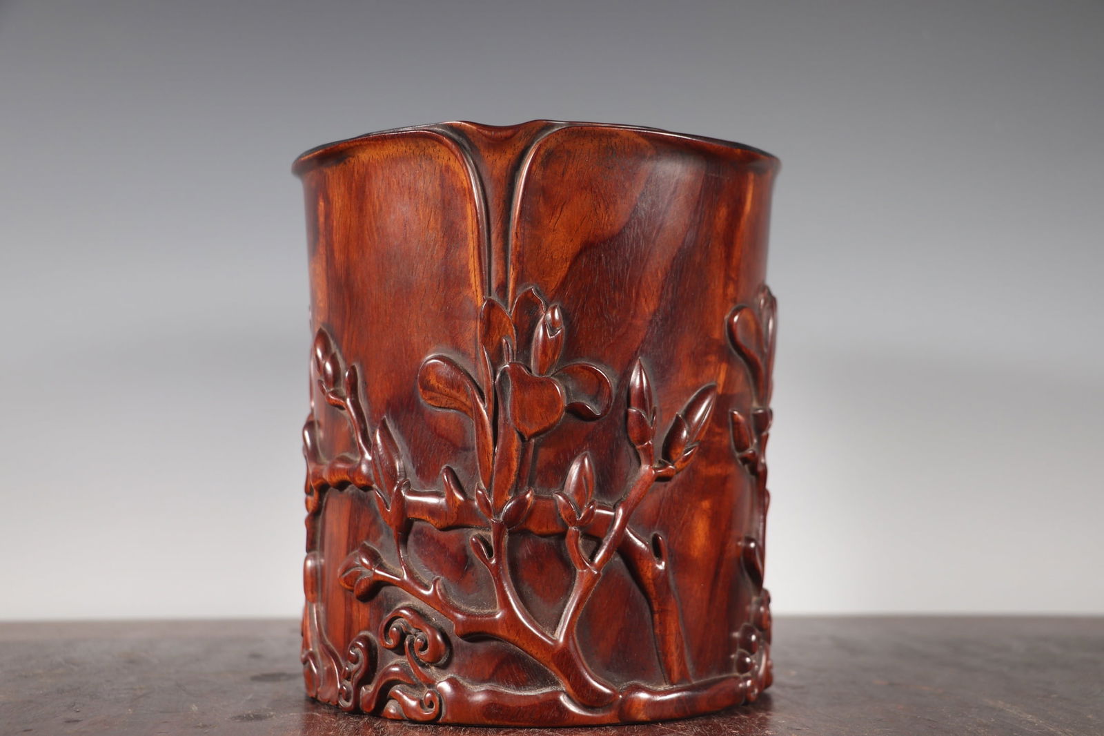 Huanghua Li Wood Hand-Carved Flower Brush Pot - 7