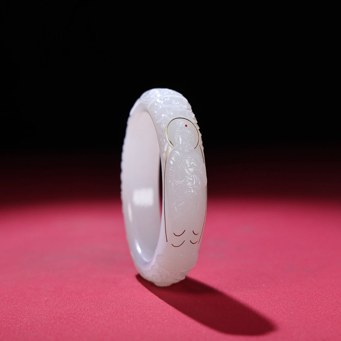 Inside Diameter 58mm Hetian jade inlay Gold,Silver Wire Buddha Bracelet: Title: Inside Diameter 58mm Hetian jade inlay Gold,Silver Wire Buddha Bracelet Origin: Chinese Date/Period: After1900 Materials: Hetian jade,Gold,Silver Wire Dimensions: 76x16x10(mm)