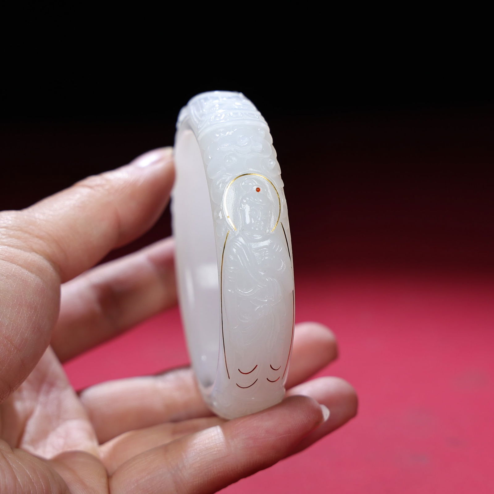 Inside Diameter 58mm Hetian jade inlay Gold,Silver Wire Buddha Bracelet - 4