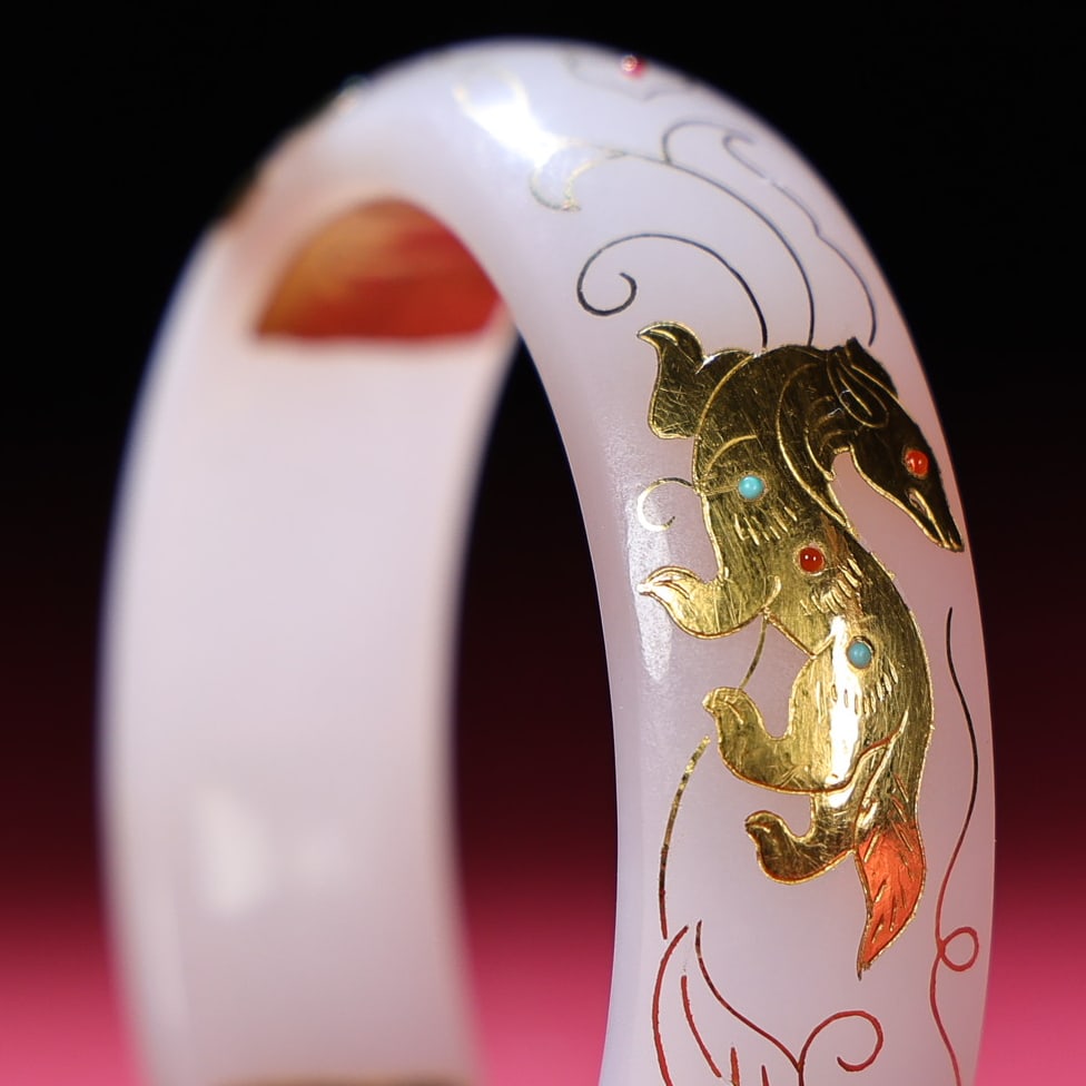 Inside Diameter 54mm Hetian jade inlay Gold,Silver Wire & Gem Bracelet - 2