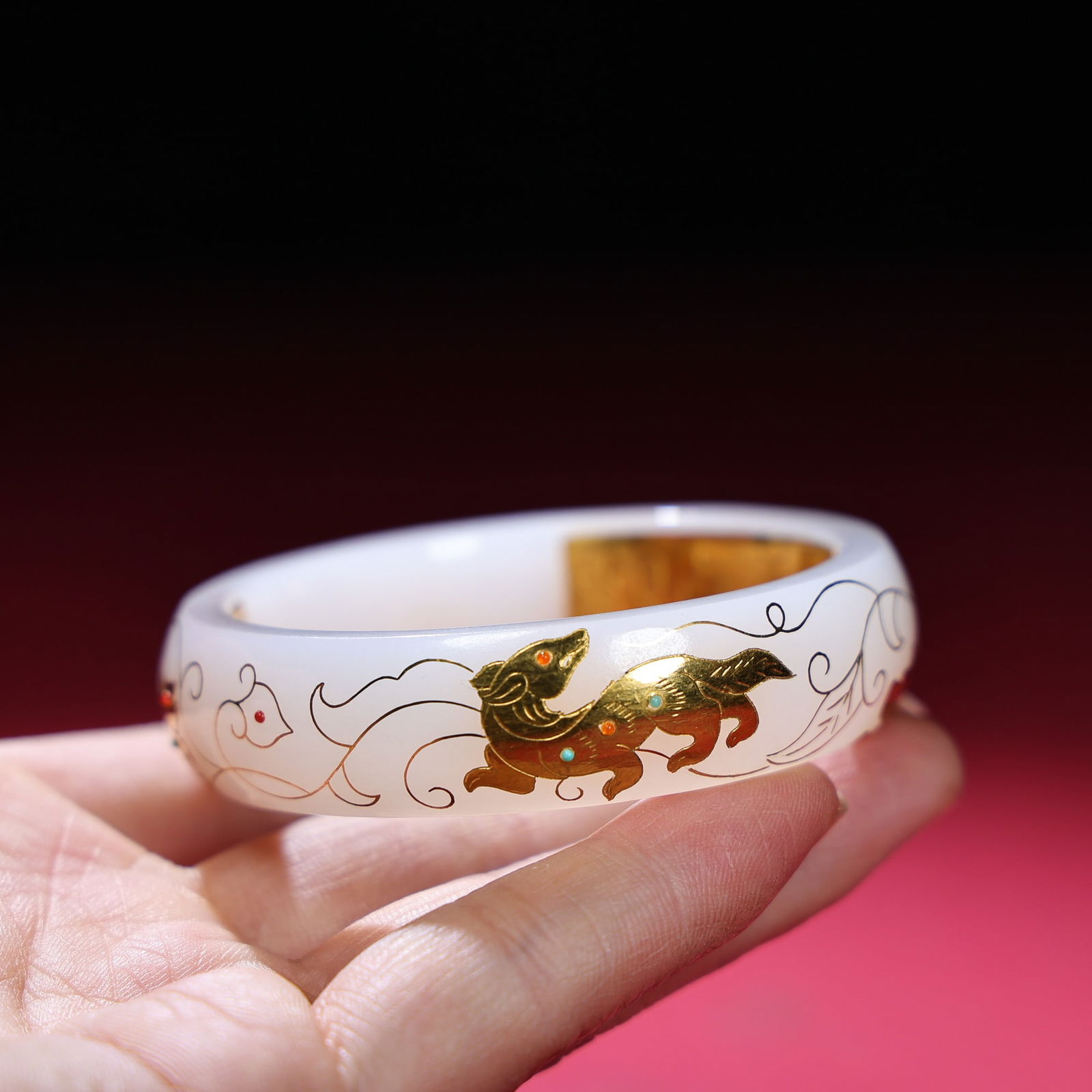 Inside Diameter 54mm Hetian jade inlay Gold,Silver Wire & Gem Bracelet - 3