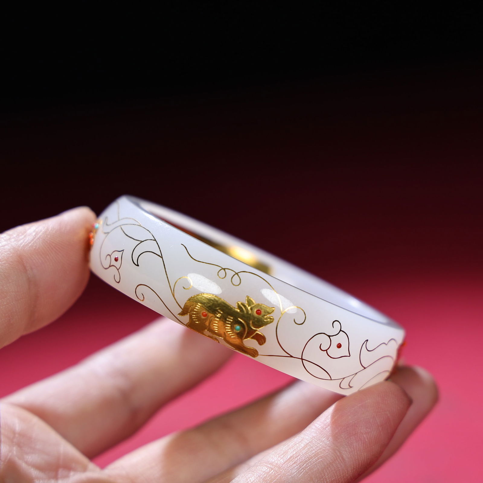 Inside Diameter 54mm Hetian jade inlay Gold,Silver Wire & Gem Bracelet - 4